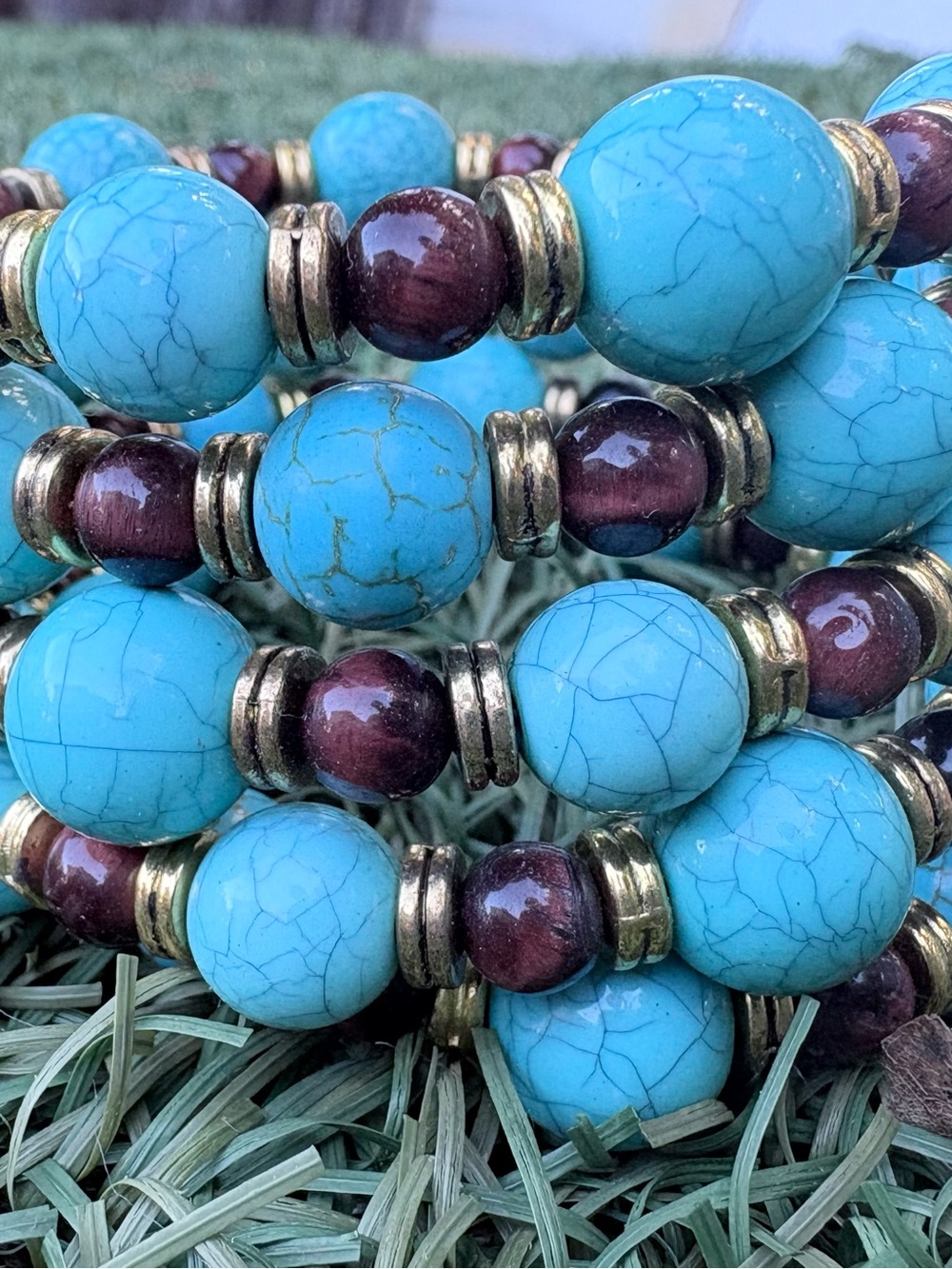 Turquoise Beaded Memory wrap  Bracelet with Brown Accents